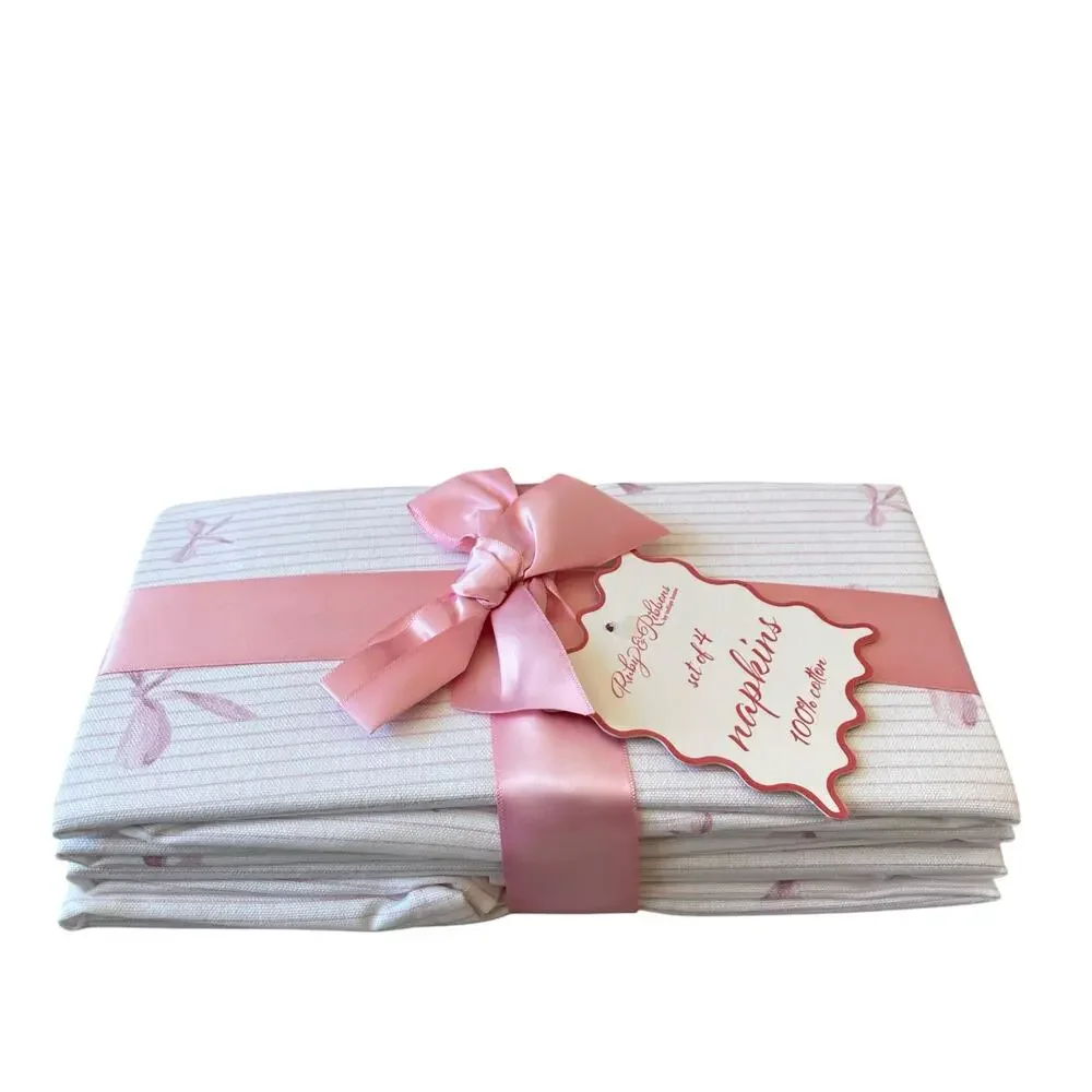 INDIGO Pink Bow Pinstripe Cotton Dinner Napkins 18x18 Set of 4 NEW
